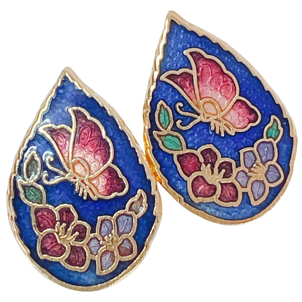 VTG Cloisonne Butterfly Floral Stud Earrings Red Blue Enamel Gold Tone Colorful